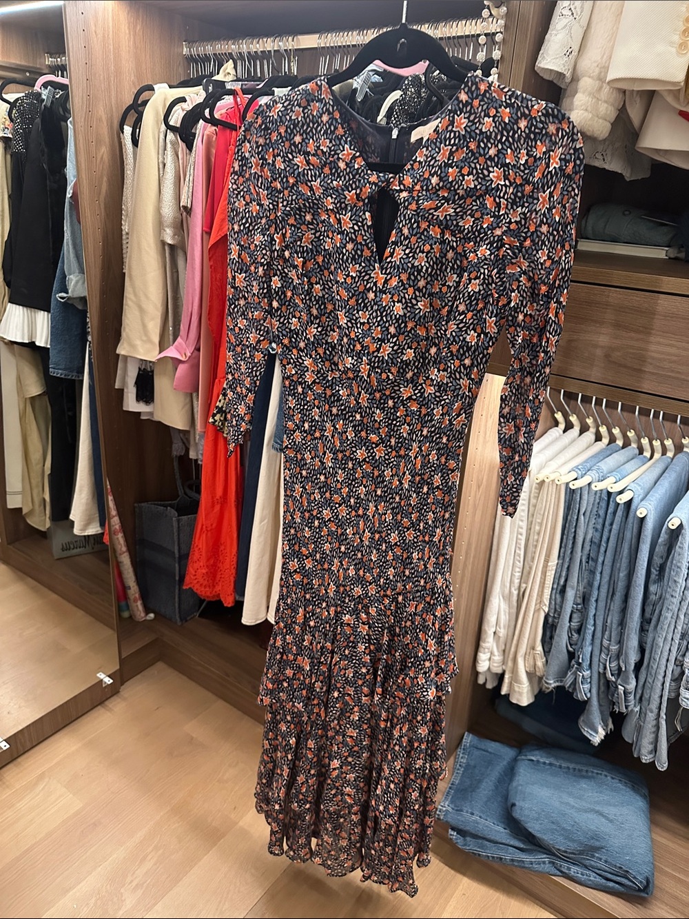 Rebecca Taylor Black Midi Dress with Orange Floral Print
